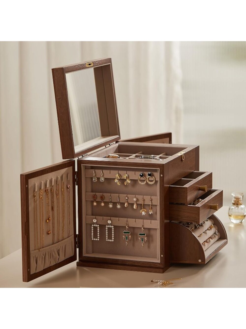 Black Walnut 4 Layer C1 Wooden Jewelry Box for Women with 2 Side Door & Mirror - Picture 4 of 7